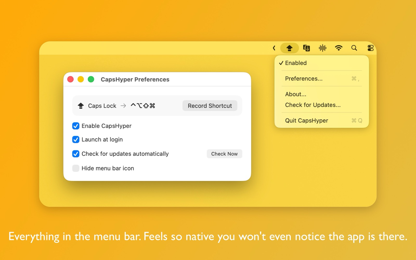 CapsHyper's preferences window and its menu in the Mac menu bar